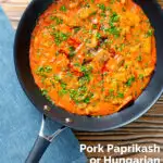Overhead Hungarian pork paprikash served in its cooking pan featuring a title overlay.