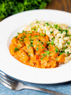 Hungarian pork paprikash served with homemade nokedli.