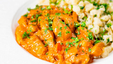 Hungarian pork paprikash served with homemade nokedli.