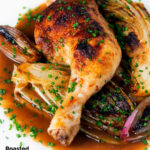 Baked chicken leg, Belgian endive and shallots with balsamic gravy and snipped chives featuring a title overlay.