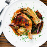 Overhead roasted chicken leg, chicory or Belgian endive and shallots with balsamic gravy.