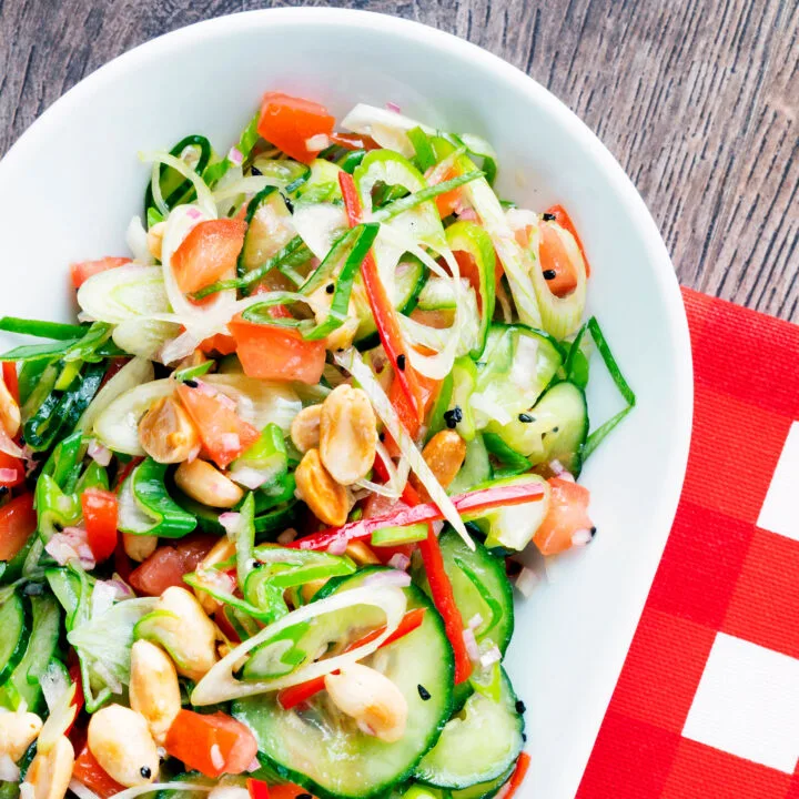 Quick and easy spicy cucumber salad with chilli and peanuts.