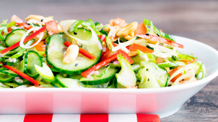 Quick and easy spicy cucumber salad with chilli and peanuts.