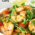 Thai shrimp panang curry with jasmine rice and fresh coriander featuring a title overlay.
