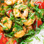 Close-up Thai shrimp panang curry with jasmine rice and fresh coriander featuring a title overlay.