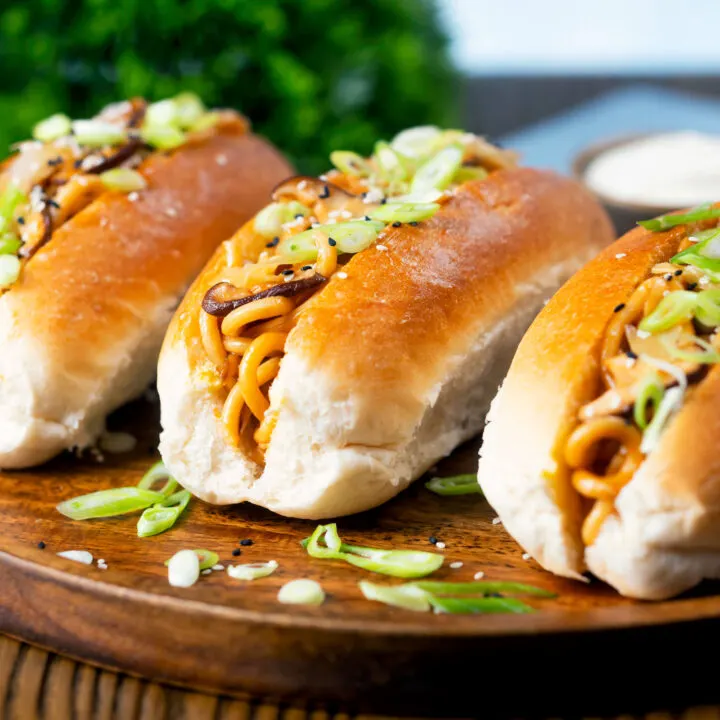 Japanese yakisoba pan with shiitake mushrooms, stir-fried udon noodles served in a hot dog bun.