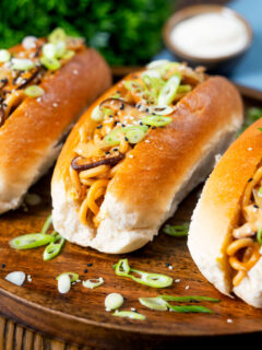 Japanese yakisoba pan stir-fried udon noodles served in a hot dog bun.