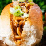 Close-up Japanese yakisoba pan stir-fried udon noodles served in a hot dog bun.