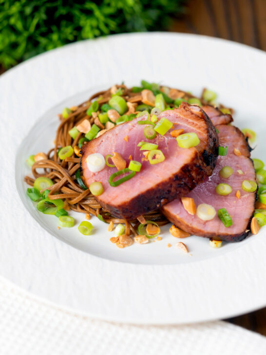 Baked tuna steak with a honey and soy glaze served with a soba noodle salad.