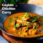 Sri Lankan influenced chicken Ceylon curry with homemade chapatis featuring a title overlay.