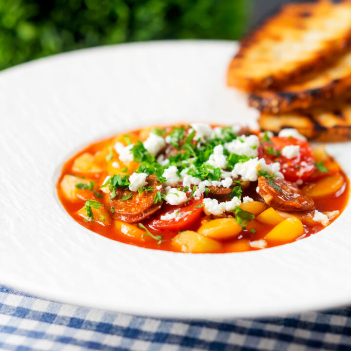 Easy chorizo and butter bean stew served with toasted bread and feta cheese.