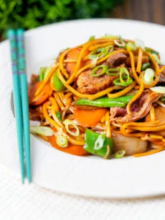 Hoisin duck chow mein stir fry with noodles, carrots and runner beans.