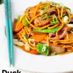 Hoisin duck chow mein stir fry with noodles, carrots and runner beans featuring a title overlay.