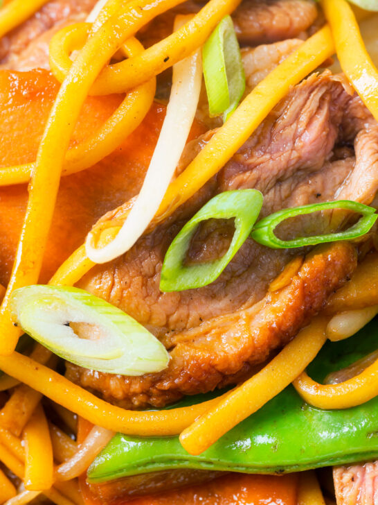 Close-up duck breast chow mein stir fry with noodles, carrots and runner beans.