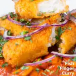 Close-up fish finger and butter bean curry served with red onion and coriander featuring a title overlay.