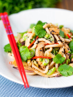 Ginger chicken udon noodle stir fry with chilli and spring onions.