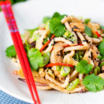 Ginger chicken udon noodle stir fry with chilli and spring onions featuring a title overlay.