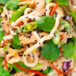 Overhead close-up Wagamama influenced ginger chicken udon noodle stir fry.