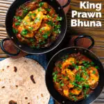 Overhead king prawn or shrimp bhuna served with chapatis and fresh coriander featuring a title overlay.