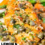 Close-up golden lemon and caper chicken piccata served with asparagus and carrots featuring a title overlay.