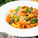 Spicy nduja pasta made with Fiorelli, tomatoes and fresh basil.