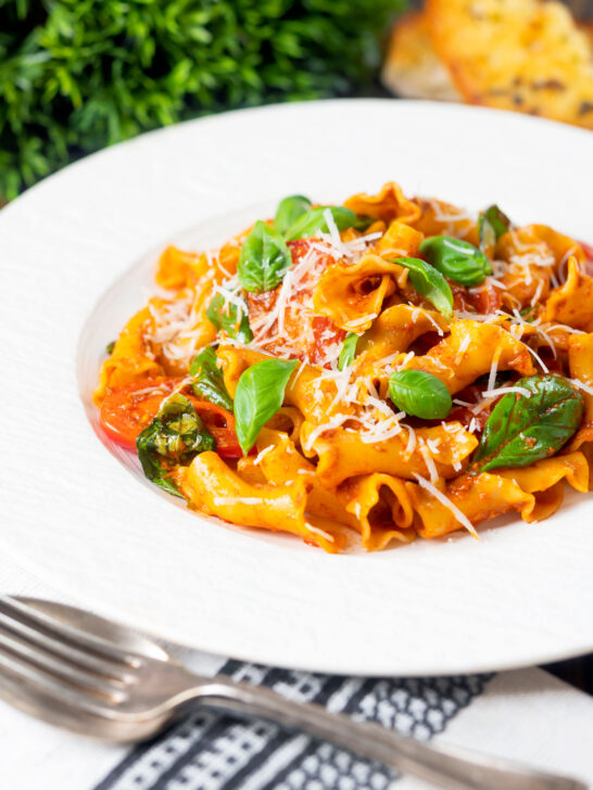 Spicy nduja pasta made with Fiorelli, tomatoes and fresh basil.