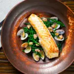 Overhead pan fried halibut fillet with clams and samphire in white wine sauce.