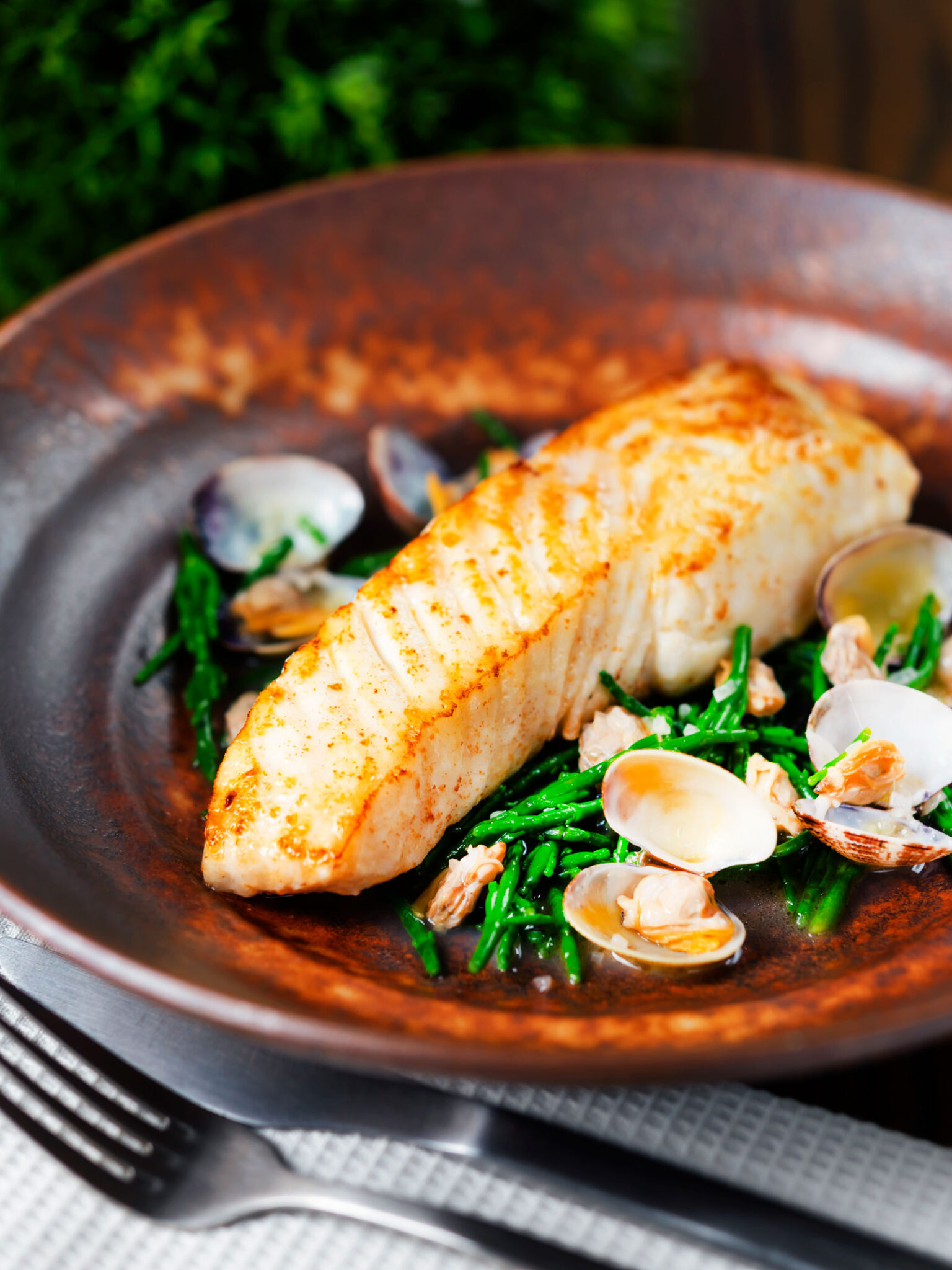 Pan Fried Halibut with Clams and Samphire Krumpli