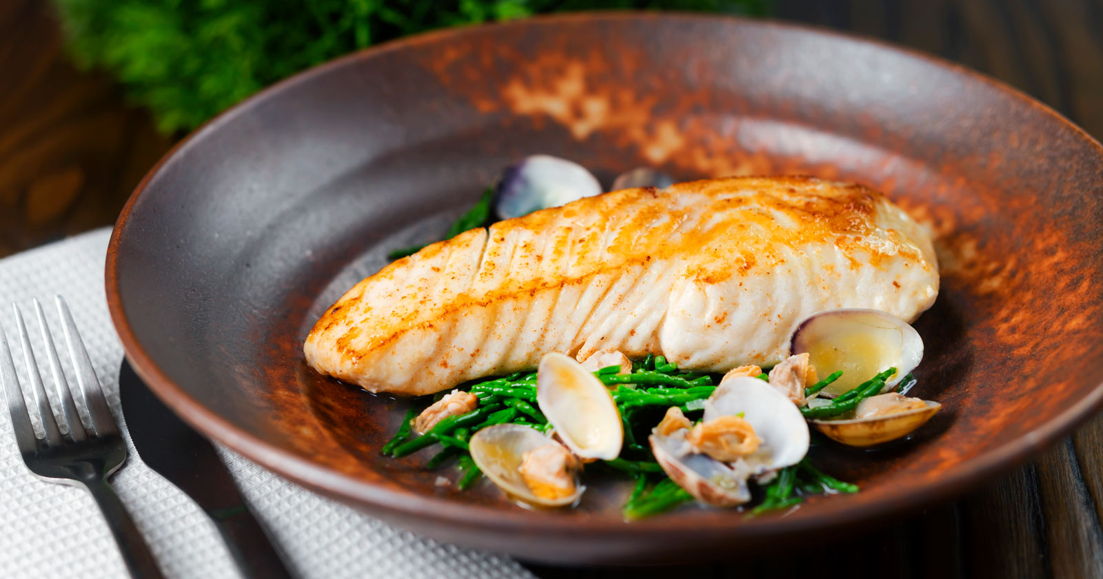 Pan Fried Halibut with Clams and Samphire