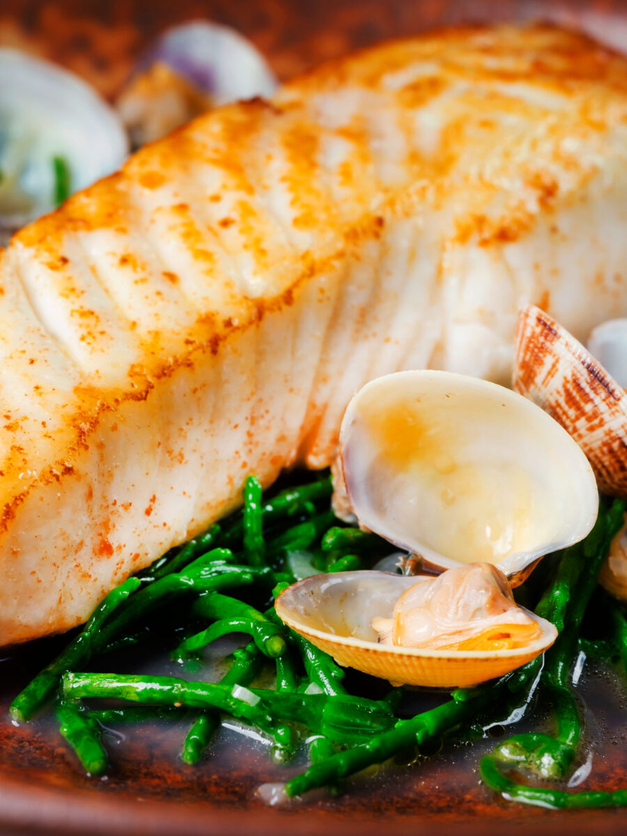 Pan Fried Halibut with Clams and Samphire Krumpli