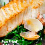 Close-up clams and samphire served with golden fried halibut fillet featuring a title overlay.