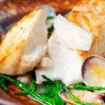 Pan fried halibut fillet with clams and samphire opened to show the white flesh.