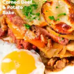 Close-up British layered corned beef and potato bake or panacalty with a fried egg featuring a title overlay.