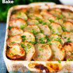 British corned beef and potato bake or panacalty featuring a title overlay.