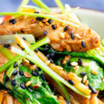 Close-up Szechuan and ginger p[ork stir fry with whole wheat noodles and spinach.