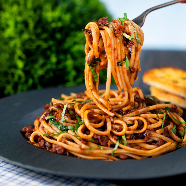 Vegan red lentil bolognese with red wine served through linguini pasta with basil.