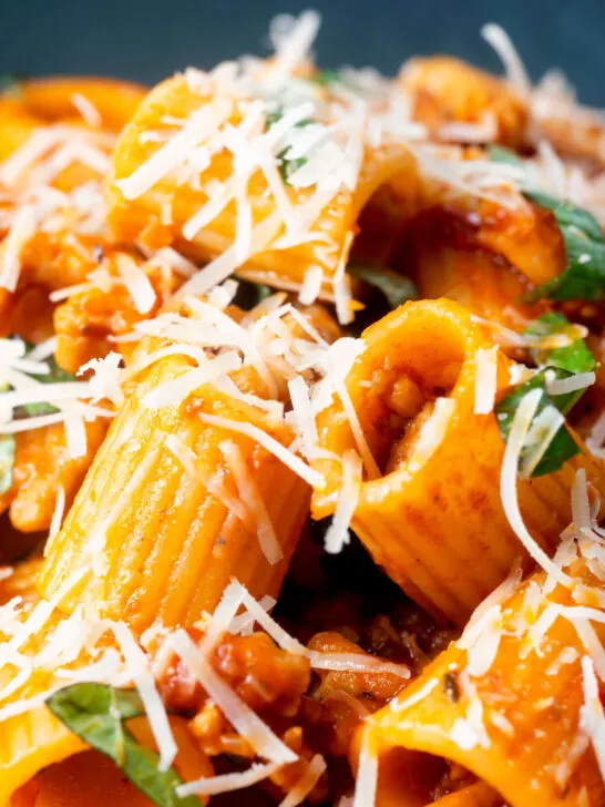 Close-up spicy ground chicken rigatoni with fresh basil and parmesan cheese.