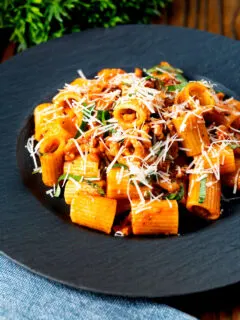 Spicy chicken mince pasta with fresh basil and parmesan cheese.