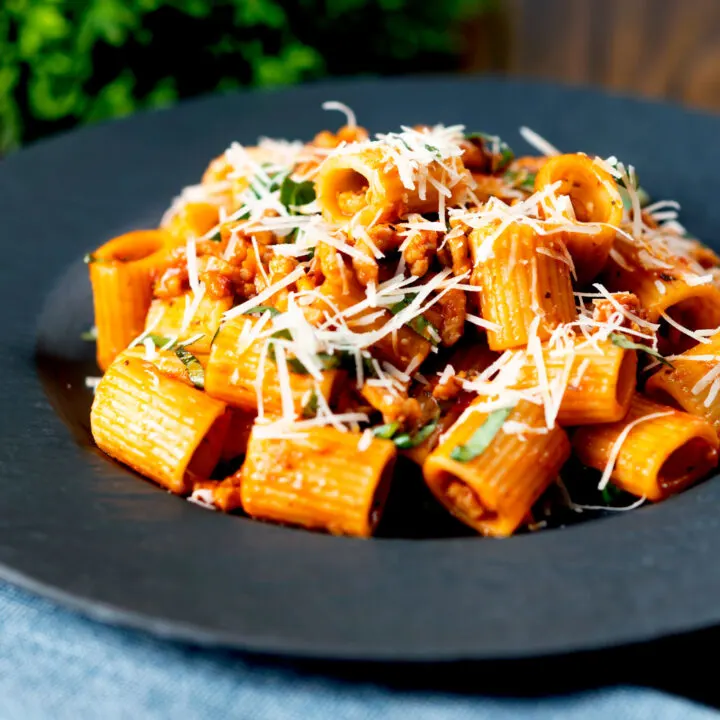 Spicy chicken mince pasta with mezzi rigatoni, fresh basil and parmesan cheese.
