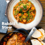 Overhead old fashioned braised rabbit leg stew with pearl barley featuring a title overlay.