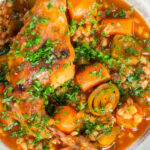 Close-up stewed rabbit with pearl barley, leeks and carrots.