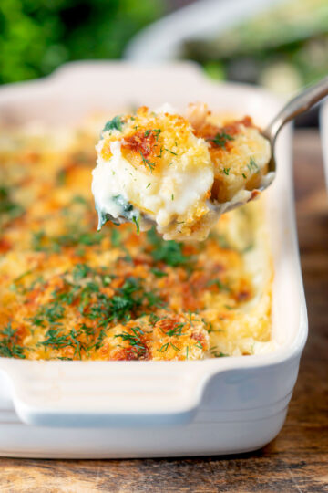 Cheese and breadcrumb topped smoked haddock and potato gratin on a spoon.