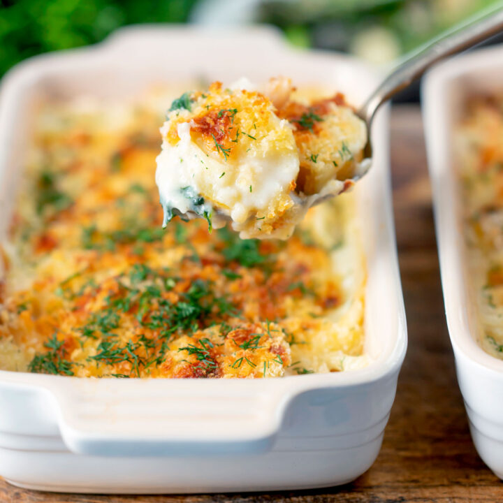 Cheesy golden smoked haddock gratin with potatoes and spinach in individual bowls.