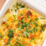 Cheesy smoked haddock and potato gratin and fresh dill featuring a title overlay.