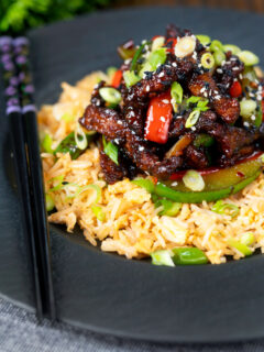 Chinese takeaway style sticky crispy chilli beef in a sticky sauce.