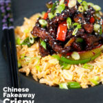 Chinese takeaway style sticky crispy chilli beef in a sticky sauce featuring a title overlay.