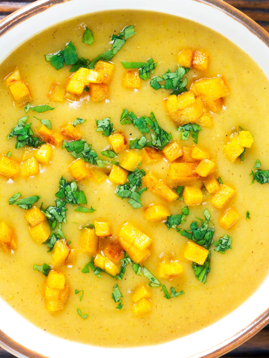 Curried Cauliflower Veloute Soup with Turmeric Potatoes Krumpli