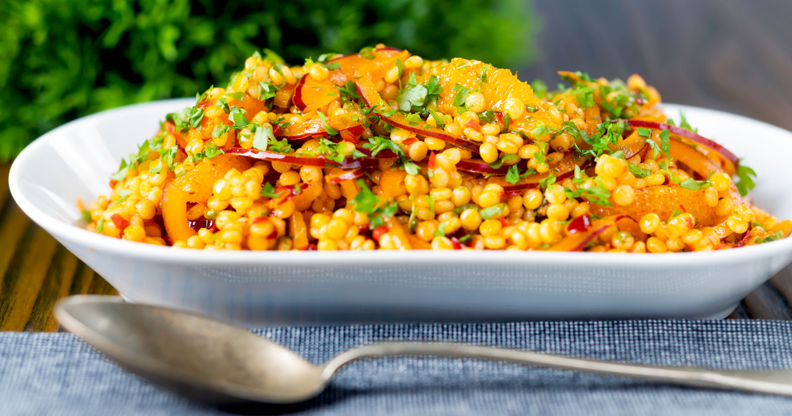 Giant Couscous Salad with Harissa and Orange Krumpli