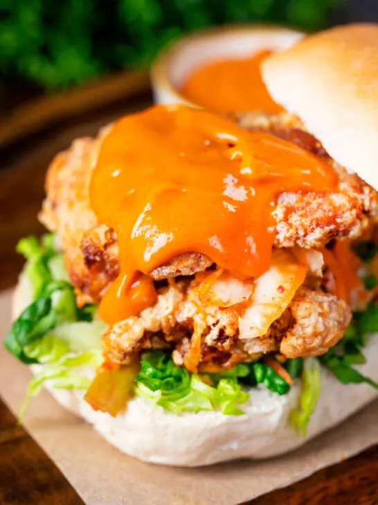 Korean fried chicken burger with gochujang mayo and kimchi.