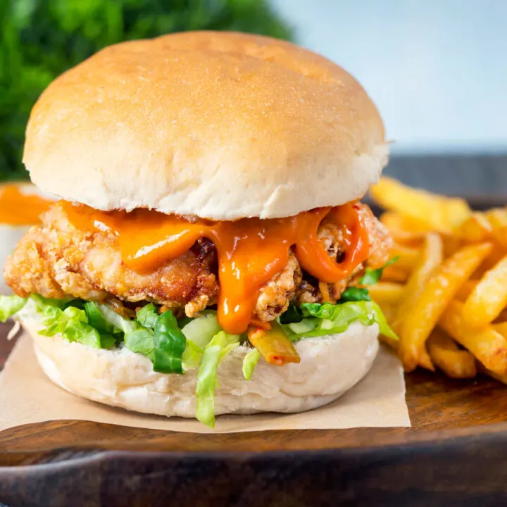 Korean crispy fried chicken burger with gochujang mayonnaise and kimchi.